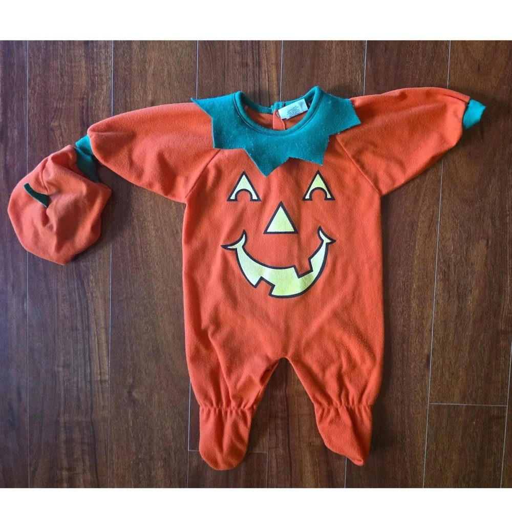 Vtg Infant Pumpkin Halloween Costume Sleeper with Hat Orange 12-17 lbs